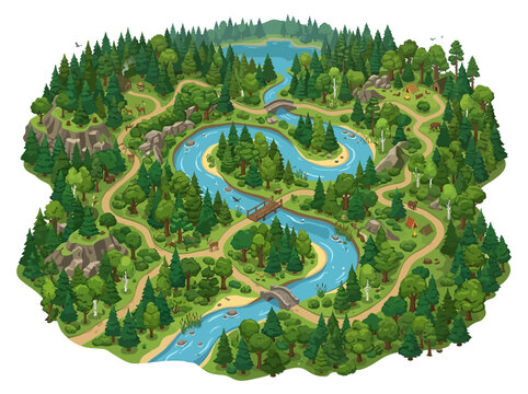 Vibrant forest map vector illustration with winding rivers and trees, perfect for adventure games and nature exploration