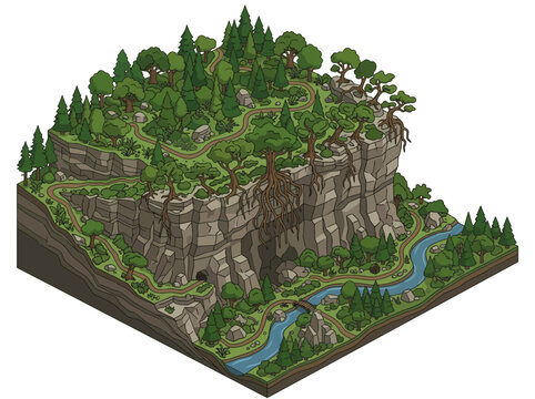 Isometric Forest Landscape with Winding Paths and River - Vector Illustration