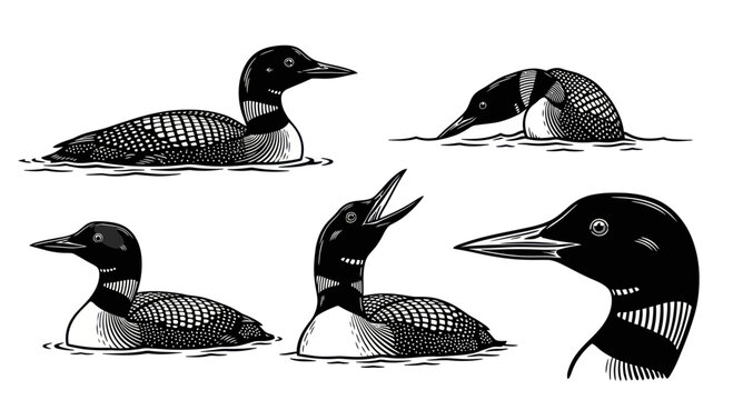 Common Loon Bird Illustrations - Set of 5 Poses