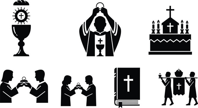 Religious Christian church icons and silhouettes including priest Eucharist Bible altar and holy communion ceremony