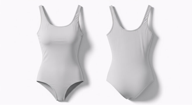 A minimalist light gray one-piece swimsuit shown from the front and back against a white background.