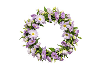 Obraz premium Beautiful wreath made of purple and white flowers on a green background