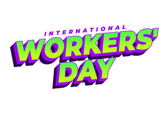 Fototapeta premium Bold 3d neon text reading International Workers Day with bright green letters, purple shadows, slanted energetic layout on white background.