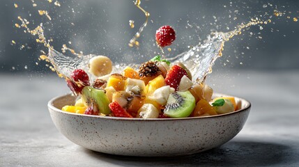 Obraz premium Fruit salad with honey drizzle captured mid-motion, served in a ceramic bowl on a gray concrete surface, dynamic composition with soft shadows