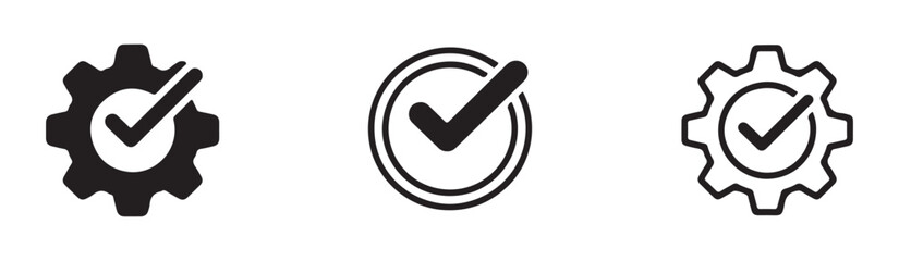System settings and process verification icons featuring gear wheels combined with check mark signs. © Md
