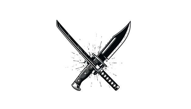 Crossed Tactical Knife and Katana Sword Illustration for Combat Sports and Gaming Logo
