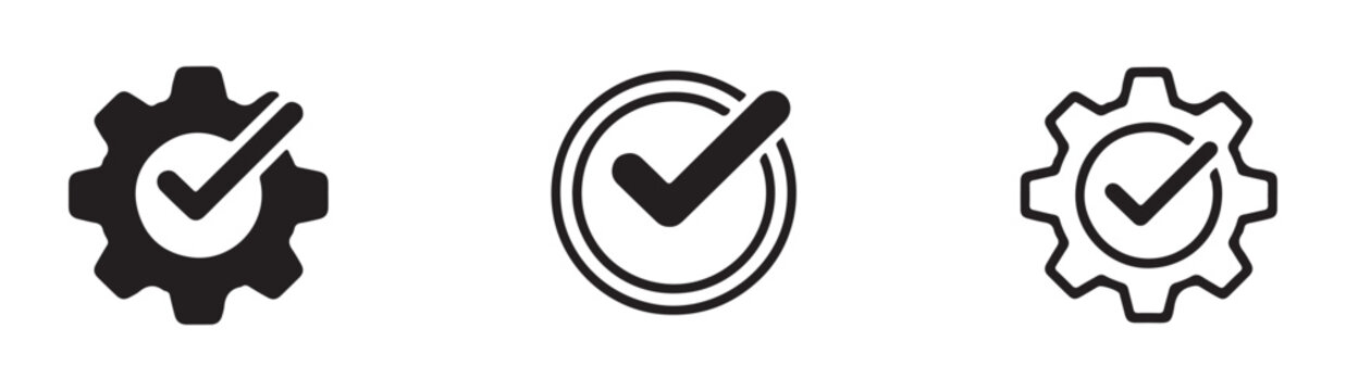 System settings and process verification icons featuring gear wheels combined with check mark signs.