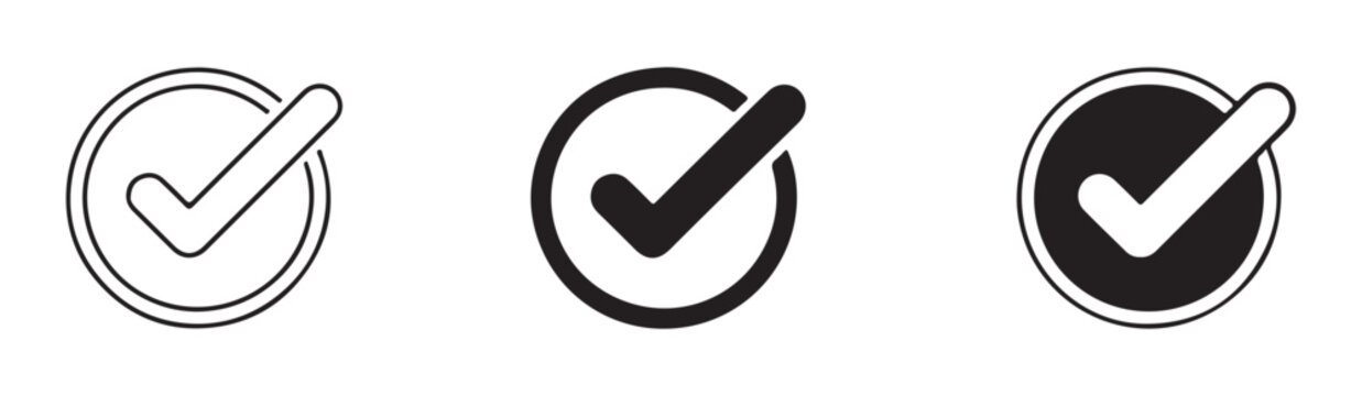Set of three vector check mark icons in a circle isolated on a transparent background.