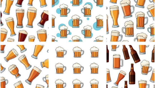 Beer mug seamless pattern collection with frothy brewery drinks and alcohol beverage vector illustration backgrounds