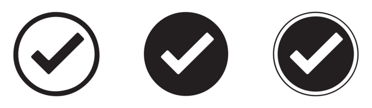 Set of three vector check mark icons in a circle isolated on a transparent background.