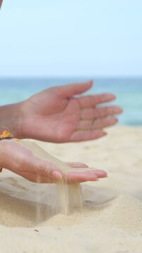 Gentle Grains Drift On Calm Shore. Quiet Sands Gently Cascade Across Tranquil Ocean Frontage With Grace. Soft Granules Smoothly Flow Along Peaceful Coastline Creating Soothing Visual Scene