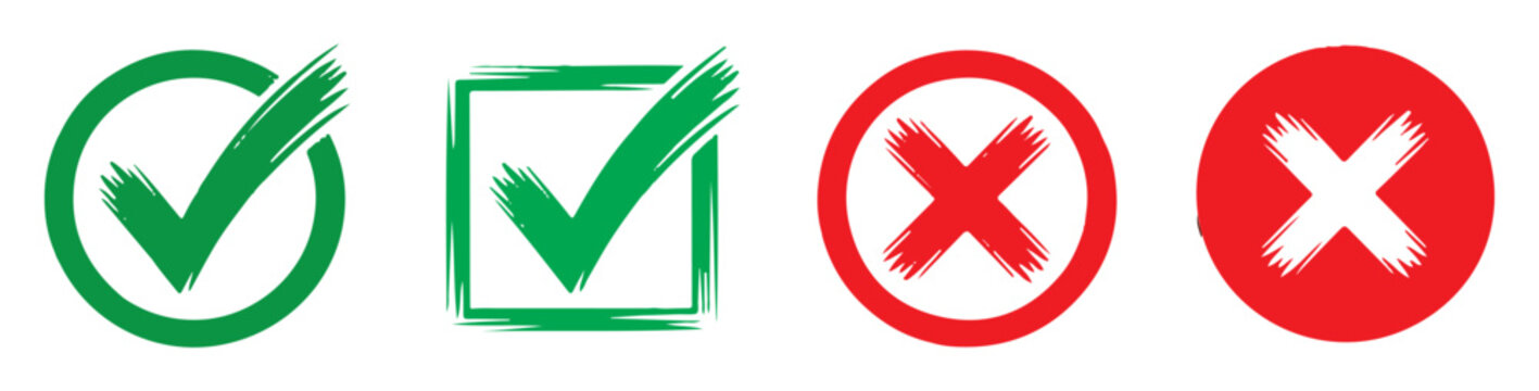 Set of rough brush stroke check mark and cross signs inside frames for selection and status design.