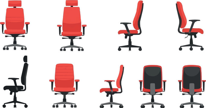 Modern office chair collection with ergonomic red swivel seating isolated vector illustration set for workplace furniture design