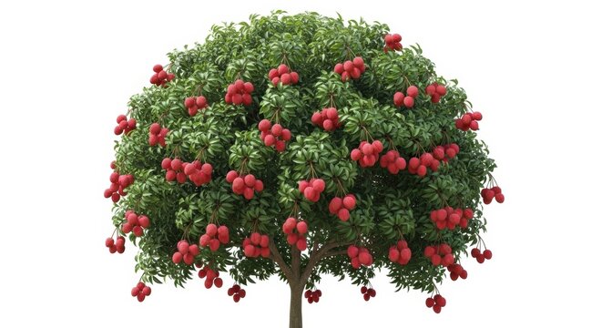 Litchi fruit tree with ripe red lychees, tropical evergreen rambutan tree isolated on white background, lush green foliage and exotic harvest