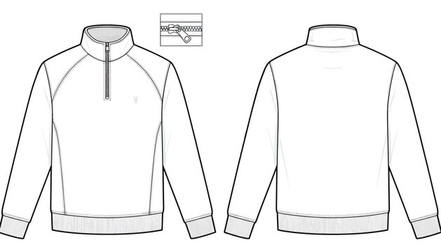 Quarter-Zip Pullover Sweatshirt Fashion Flat Sketch Vector Template for Tech Packs