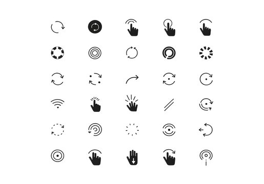 Collection of circular loading and refresh icons with hand gestures isolated on white background