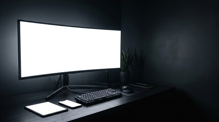Fototapeta premium A sleek, modern workstation featuring a curved monitor, keyboard, and other tech accessories, all set against a dark background