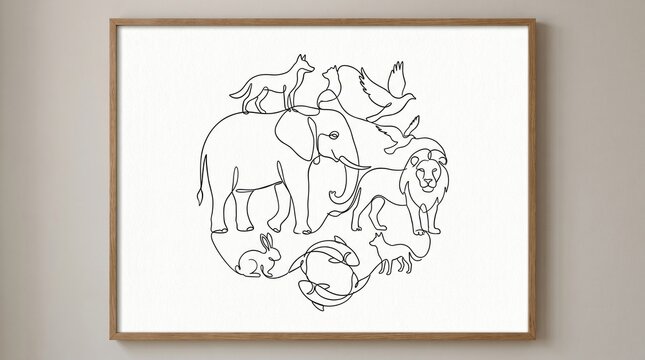 Continuous line drawing forming multiple animals in one composition, including elephant, lion, rabbit, bird, two fish, goat, and dog, all interconnected with a single unbroken line, minimalist artisti