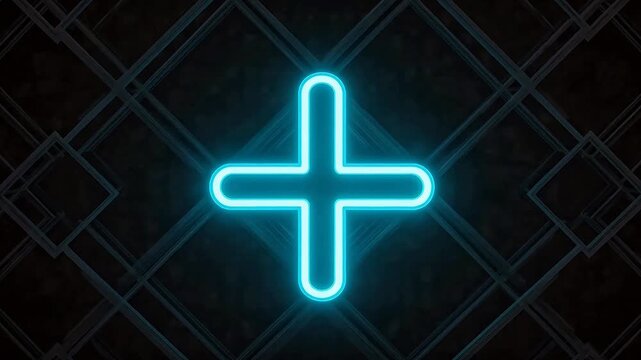 Neon plus sign on tiled wall