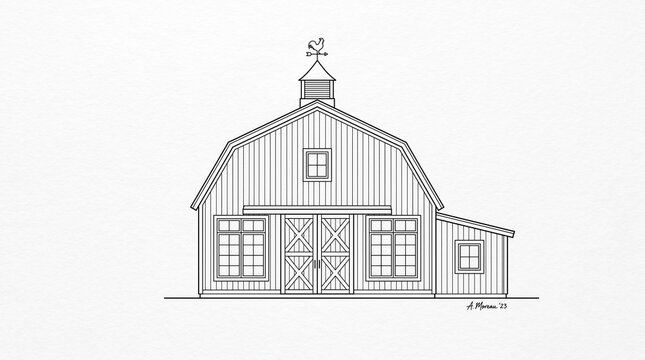 Traditional barn line drawing with symmetrical design, central double doors, windows above and on sides, cupola topped with weather vane, side lean-to extension, text &ldquo;TRADITIONAL BARN &ndash; RURAL CRAFTSM