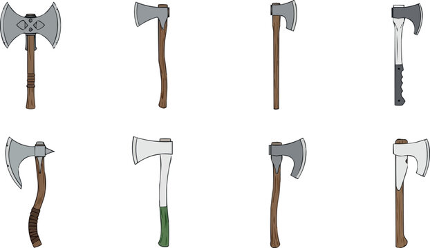 Hand drawn medieval axe collection with wooden handles fantasy battle weapons isolated vector illustration set