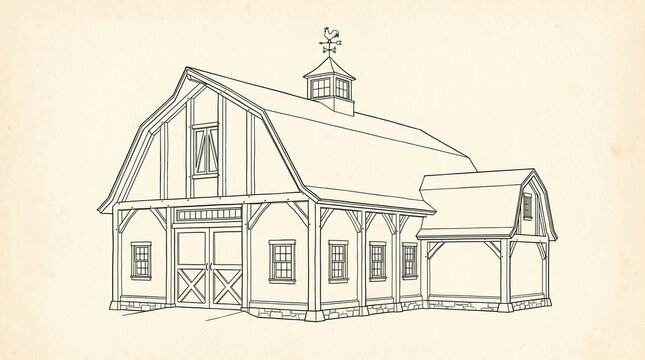 Traditional barn line drawing with symmetrical design, central double doors, windows above and on sides, cupola topped with weather vane, side lean-to extension, text &ldquo;TRADITIONAL BARN &ndash; RURAL CRAFTSM