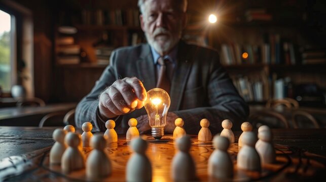 Senior businessman illuminating a lightbulb among wooden figures in a dim library setting with sharp focus for leadership and innovation marketing