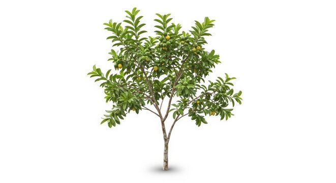 Tropical guava tree with green leaves and small fruits, isolated psidium guajava plant on white background, exotic fruit tree for garden landscaping