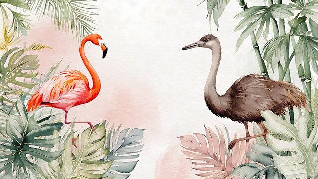 Pink flamingo and ostrich in jungle