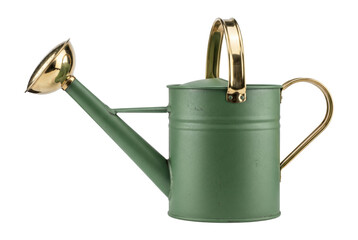 Green metal watering can with gold handle isolated. Vintage garden tool. © PNG Lab