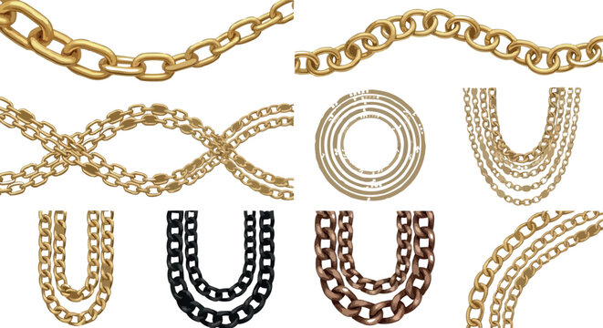 Collection of Decorative Gold and Metal Chains in Various Styles, Loops, and Patterns for Jewelry, Fashion, Luxury, and Graphic Design Illustrations