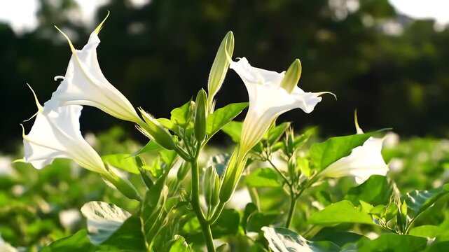 Close-up of beautiful white Datura flowers also known as devil's trumpet or jimsonweed blooming in a field under bright sunlight with green leaves swaying in the gentle breeze