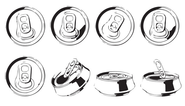 Collection of top and side views of opened and crushed aluminum cans with metal can drawing drink can aluminum beverage top view recycling