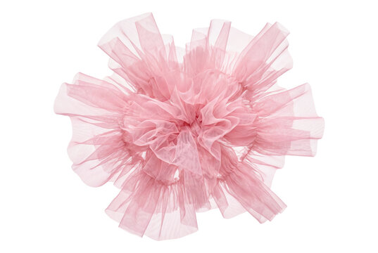Pink tulle fabric pom-pom isolated. Soft feminine craft decoration.