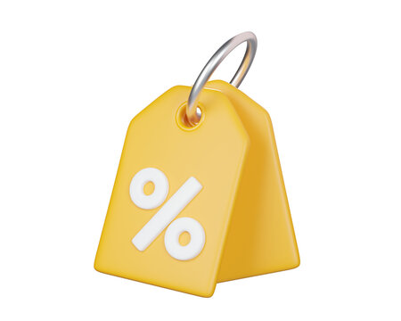 3D yellow price tags with white percent symbol, isolated on background. Modern discount label for sale, special offer, price reduction, marketing, and promotions. 3d render 
