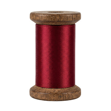 Wooden spool with red silk thread isolated. Tailor and sewing supply.