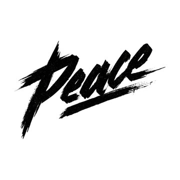 Grunge brush lettering showing word Peace, in distressed style isolates on white background, concept of harmony and calm