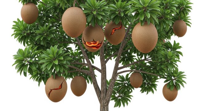 Mamey sapote tree with ripe tropical fruits, exotic Pouteria sapota plant with green leaves, brown sapote fruit hanging on branches