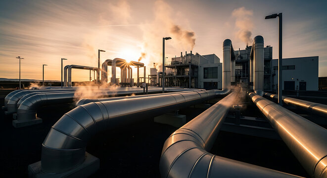 Industrial pipes at sunset with smokestacks
