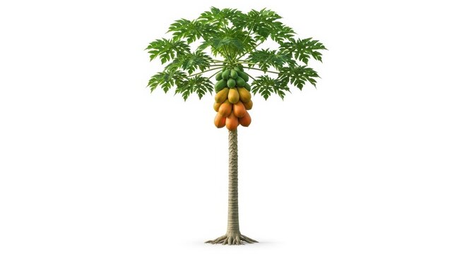 Papaya tree with ripe and green fruits, tropical carica papaya plant isolated on white background, exotic fruit tree for agriculture and botanical design