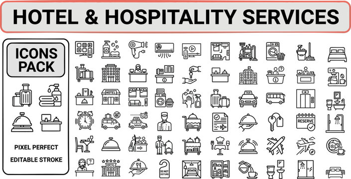 Hotel and Hospitality Service outline icon set. Featuring reception, suite, concierge, bellboy, and amenity symbols. Editable stroke vector icons for resort booking and travel accommodation.