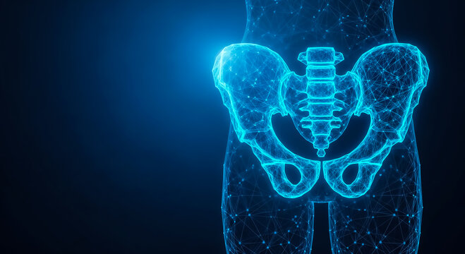A blue-toned digital illustration of the human pelvis and lower spine, showcasing the skeletal structure in detail.