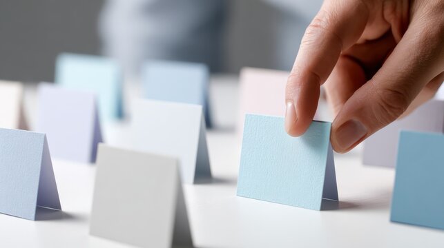 Hand selecting blank blue card in decision-making concept