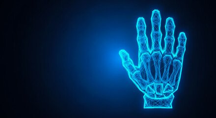 Naklejka premium High-detail 3D illustration of a glowing blue human hand skeleton overlaid with intricate network lines, futuristic and digital concept.