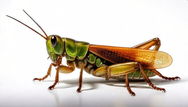 Detailed Macro Shot of a Grasshopper Insect on a White Background.