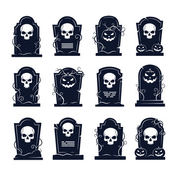 Halloween Tombstone Icons: Skulls, Pumpkins, Spooky Graveyard Set