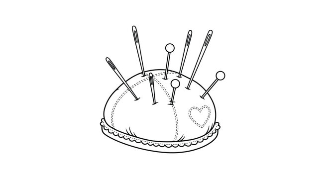 Black and white line art illustration of a sewing pin cushion filled with several needles and pins featuring a heart detail.