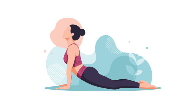 Woman practicing cobra pose yoga in a flat design illustration with soft abstract shapes and leaves in the background.