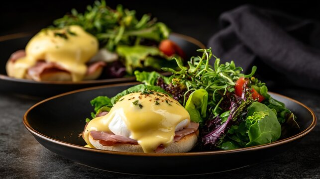 Premium brunch with eggs benedict and greens, dark background, cinematic lighting
