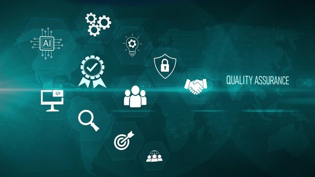 Quality Assurance concept: Digital quality icon on virtual interface, process improvement, customer satisfaction, compliance, risk management, Motion graphics of quality concept
